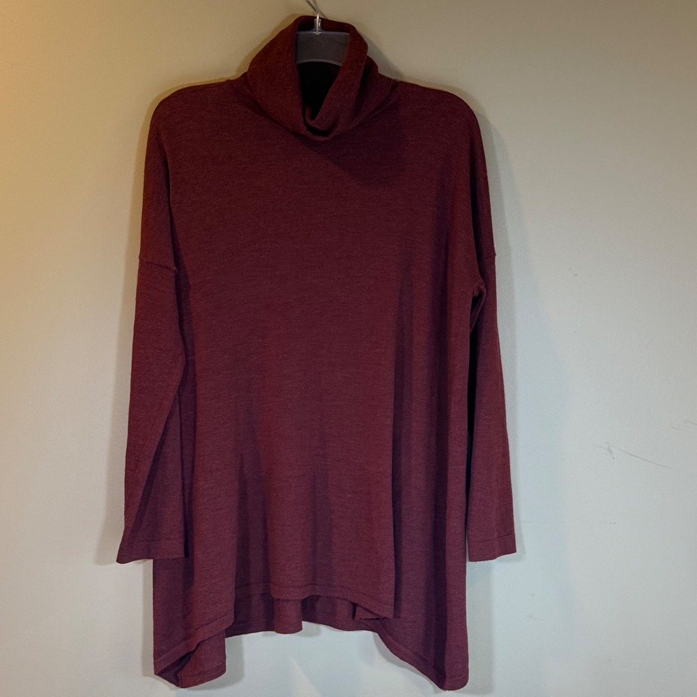 Eileen Fisher Turtleneck Sweater Women L Burgundy Merino Wool Tunic Quiet Luxury